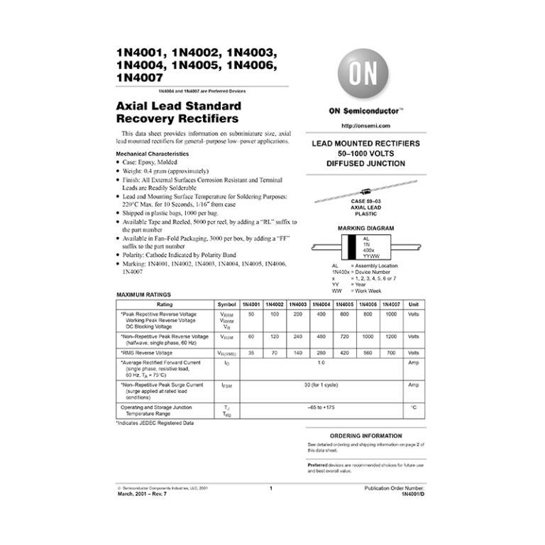 1n4007 Onsemi 1000v 1a Standard Recovery Rectifier Datasheet