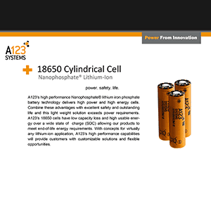 A123 APR18650M1-B Nanophosphate Lithium Ion Rechargeable Cell Datasheet