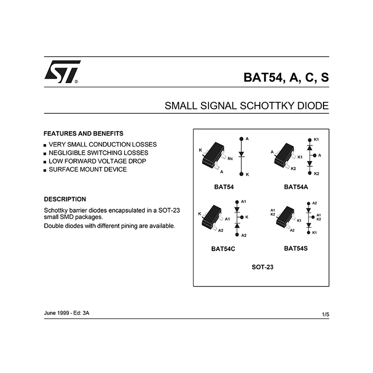 BAT54 / BAT54A / BAT54C / BAT54S ST Schottky Diode Datasheet