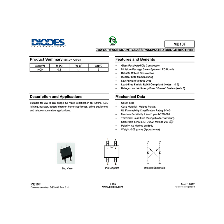 MB10F Diodes 1000V 0.8A SMD Bridge Rectifier Datasheet