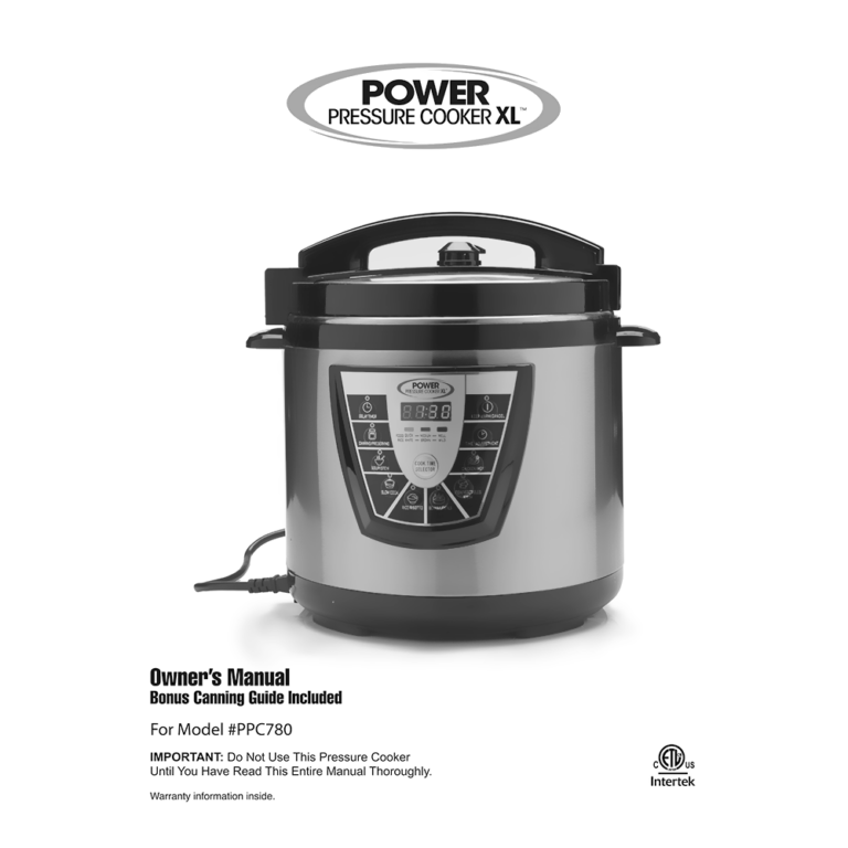 Power Pressure Cooker XL 8QT PPC780 User Manual