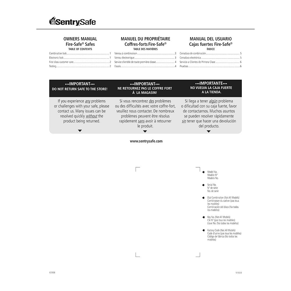 SentrySafe S3510 Electronic Safe Owner's Manual